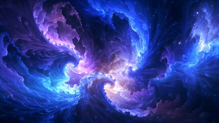 Abstract cosmic nebula swirl featuring vibrant deep blue and brilliant violet gaseous structures illuminated against a dark starry background creating a stunning visual effect.