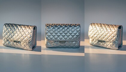 Front view and back view and side view of quilting flap bag isolated on a white background.