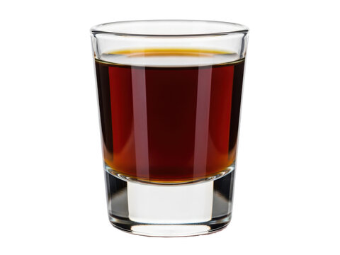 A glass of dark brown liquid with a layer of creamy white on top, perfect for serving shots or liqueurs isolated on transparent background