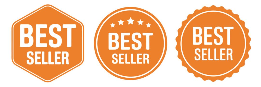 Yellow best seller stickers, retro style bestseller badges and labels, vector illustration for e commerce graphics and sales campaigns.