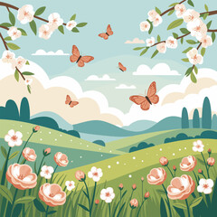 Obraz premium Spring Landscape with Flowers and Butterflies