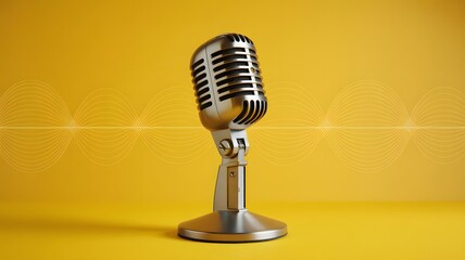 Studio Microphone with Sound Waves on Yellow Background for Podcast Audio Recording Concept