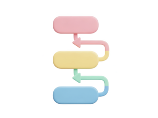 3d illustration of colorful flowchart arrows pointing downwards in pastel colors isolated on transparent background