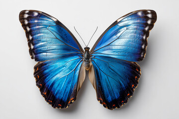 A beautiful blue morpho butterfly with bright colorful wings is isolated on a white background in a macro nature shot of this tropical lepidoptera insect