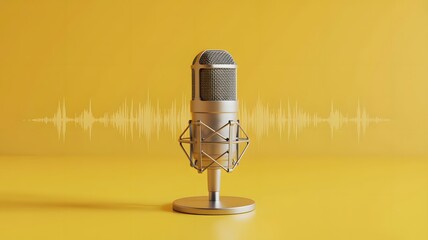 Studio Microphone with Sound Waves on Yellow Background for Podcast Audio Recording Concept