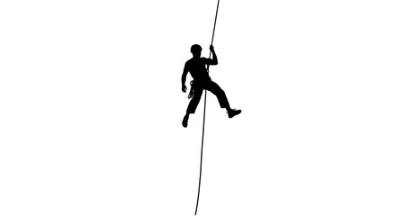 Silhouette of a climber rappelling down a rope against a white background graphic representation © Alis