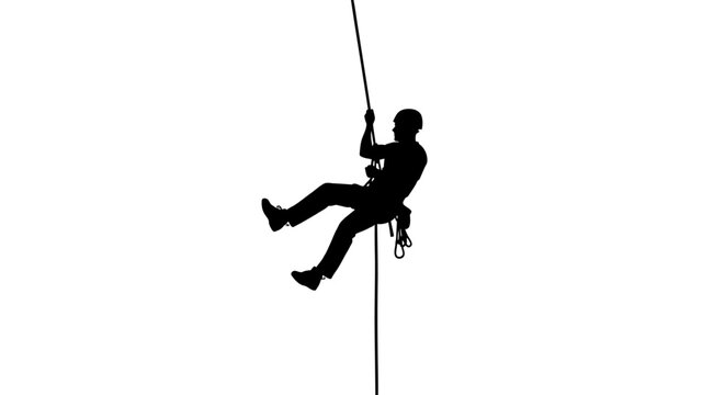 Silhouette of a climber rappelling down a rope against a white background perfect for backgrounds