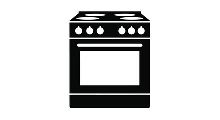 A simple black graphic of a modern kitchen range with burners and oven silhouette
