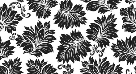 Elegant black and white floral pattern with stylized leaf motifs and intricate swirls