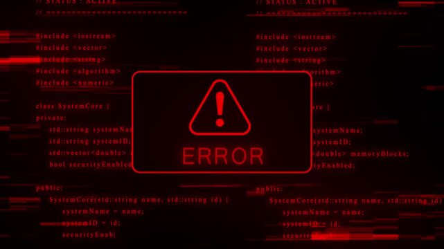Digital glitch effect overlaying a red warning sign within a code editor displaying C++ syntax and system status messages creating a cybersecurity alert concept