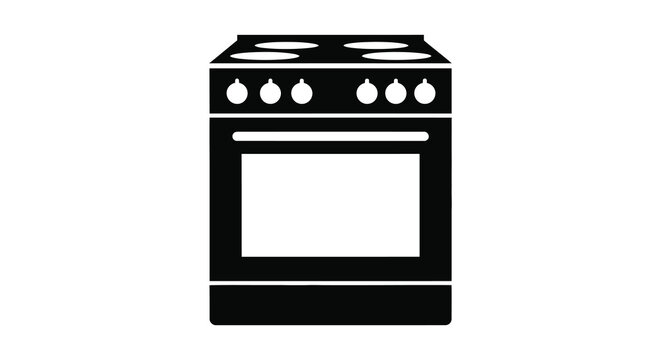 A simple black graphic of a modern kitchen range with burners and oven silhouette