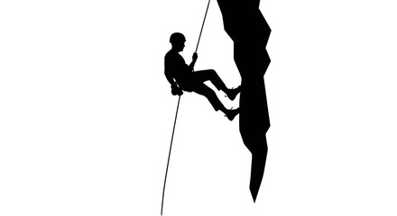 Silhouette of a rock climber rappelling down a cliff face with safety equipment on a white © Alis
