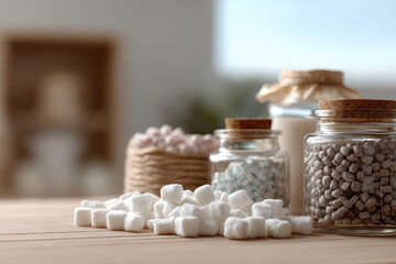 Zero waste distribution hub concept with glass jar, cork lid, reusable container, and bulk food storage on wooden table, promoting sustainable lifestyle and eco friendly choices