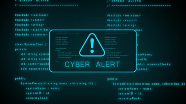 Cyan computer code with a digital warning and glitch artifacts, representing a system alert or data breach, set against a dark, futuristic background with subtle scan lines