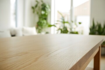 Empty Wooden Table in Bright Modern Living Room Interior for Product Display and Branding Mockup