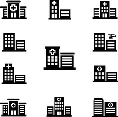 Hospital Building Icon Set &ndash; Medical Healthcare Facilities Solid Black Symbols. Solid black hospital and medical building icon set featuring clinics, healthcare centres, emergency facilities.