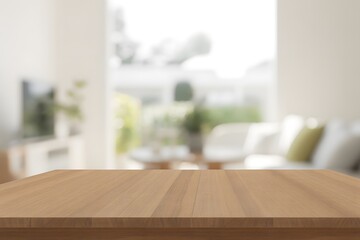 Empty Wooden Table in Bright Modern Living Room Interior for Product Display and Branding Mockup