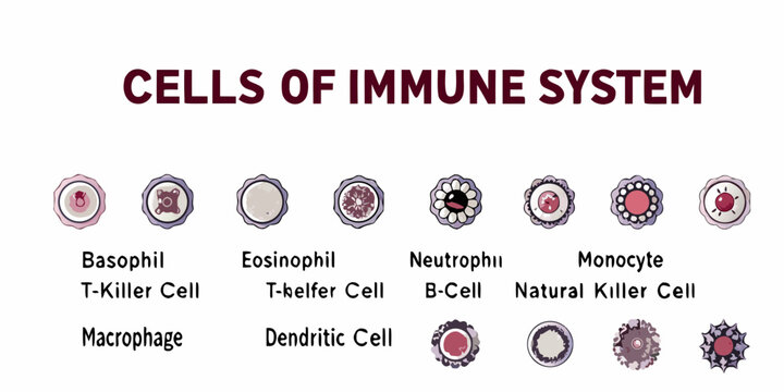 Illustration of various cells within the human immune system clearly labeled