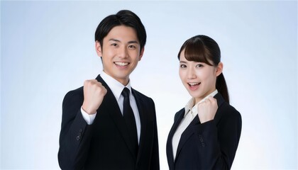 自信満々にガッツポーズをするやる気に満ちた新卒の男女