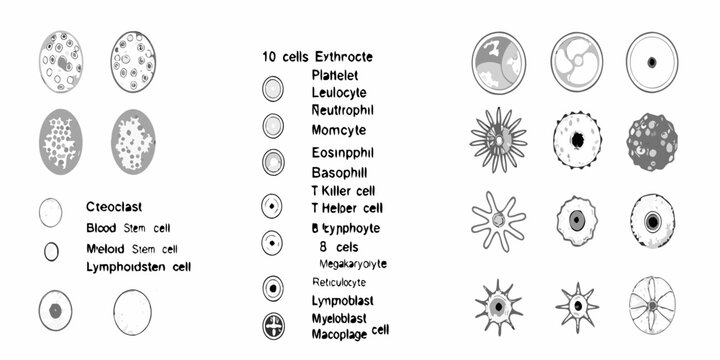 Illustration of various human blood cells and their microscopic morphologies