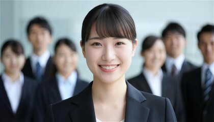 Fototapeta premium 多くの同期を背に自信に満ちた笑顔を見せる新卒代表の女性