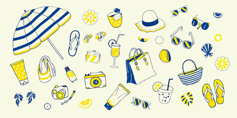 A colorful summer collection featuring beach essentials and vibrant yellow accents