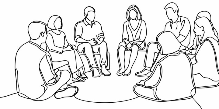 A group of people sitting in a circle illustrated with a continuous line