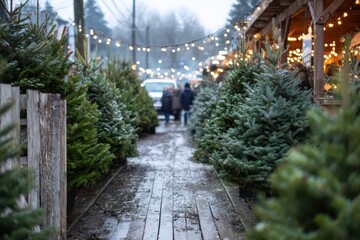 Outdoor Christmas tree lot displaying diverse evergreen trees under festive lights