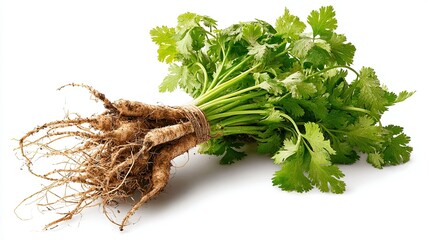 Fototapeta premium Fresh cilantro roots with leafy greens, commonly used in cooking for flavor and garnishing.
