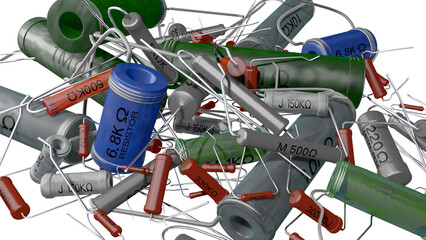 1950年代から1970年代頃の日本製のラジオや測定器などに使用されていた多種多様の抵抗器コレクション（PNG画像）