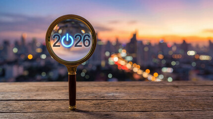 Magnifying glass shows glowing 2026 on city skyline background at sunset