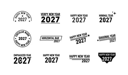 Happy New Year 2027 logo text and number design set flat vector isolated on white