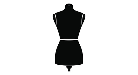 A striking black dress form stands prominently displayed creating a bold fashion silhouette