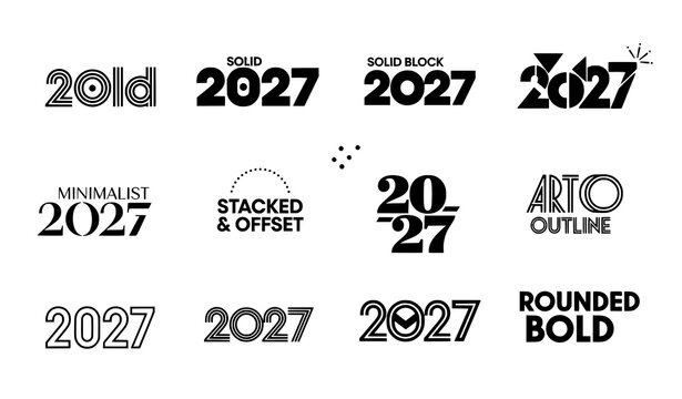 Modern 2027 New Year number logo collection with minimal festive symbols vector illustration