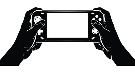 A striking depiction of two hands gripping a handheld gaming console a bold silhouette © nhpvect02
