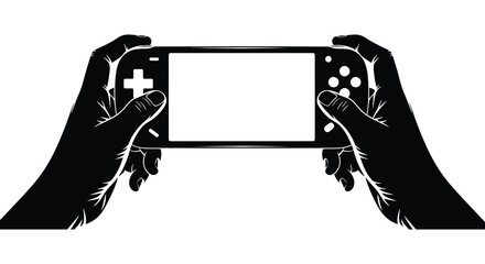 A pair of hands intently holding and operating a portable gaming console silhouette © nhpvect02