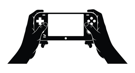 Hands holding a handheld gaming console in a striking black and white silhouette