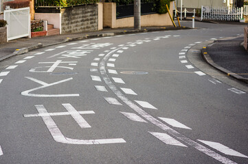 Road with Japanese writing requesting drivers to reduce speed, on the asphalt in Japan