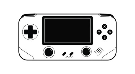 A simple white outline of a handheld gaming console with buttons and a screen silhouette