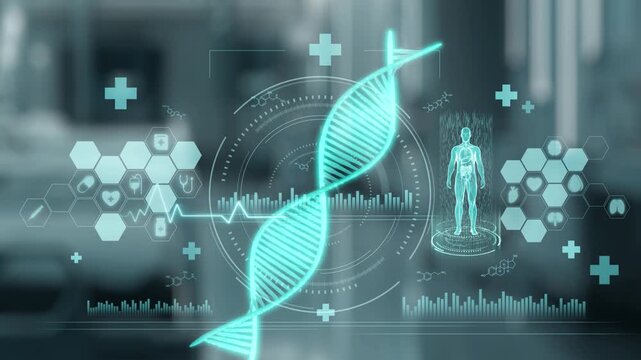 Close up of robotic hand pointing and clicking at DNA holographic to access medical data or diagnosis symptom. Robotic hand checking at genetic simulation while using AI analyzing symptom. Salubrious.