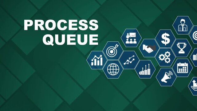 Business Process Queue Workflow Management Concept with and Symbols on Green Background productivity