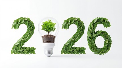 Eco friendly concept with tree in light bulb and green leaves forming 2026