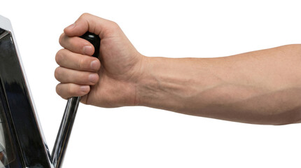 Hand pulling down chrome casino slot machine lever