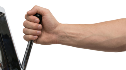 Hand pulling down chrome casino slot machine lever