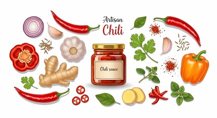 A vibrant collection of fresh ingredients for artisan chili sauce, including peppers, garlic, ginger, onions, and herbs, surrounding a jar of chili sauce.