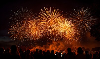 an enchanting display of fireworks illuminating the night sky, with people gathered in awe taking photos and capturing the vibrant colors on their phones