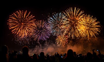 an enchanting display of fireworks illuminating the night sky, with people gathered in awe taking photos and capturing the vibrant colors on their phones