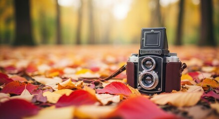 Camera on autumn leaves in forest.