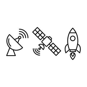 Space technology icons collection depicting communication satellite dish rocket and orbital satellite system