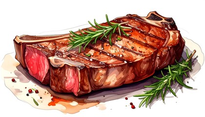 Watercolor illustration of a perfectly grilled ribeye steak with a bone, rosemary garnish, and peppercorns. It sits on a plate